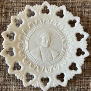 MILK GLASS Display Plate with Lacy Rim - Embossed Columbus